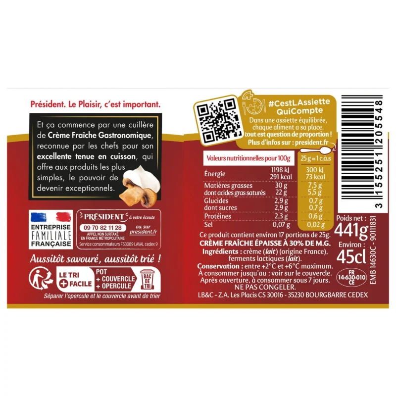 Crème Fraîche Entière Epaisse Excellente Tenue En Cuisson 30% Mat.Gr. PRESIDENT – Image 3